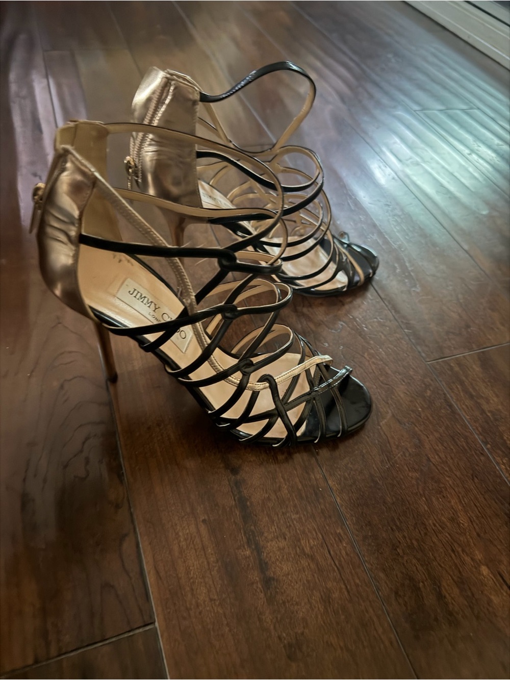 Jimmy Choo Black Strappy Cage Heels with Gold Back